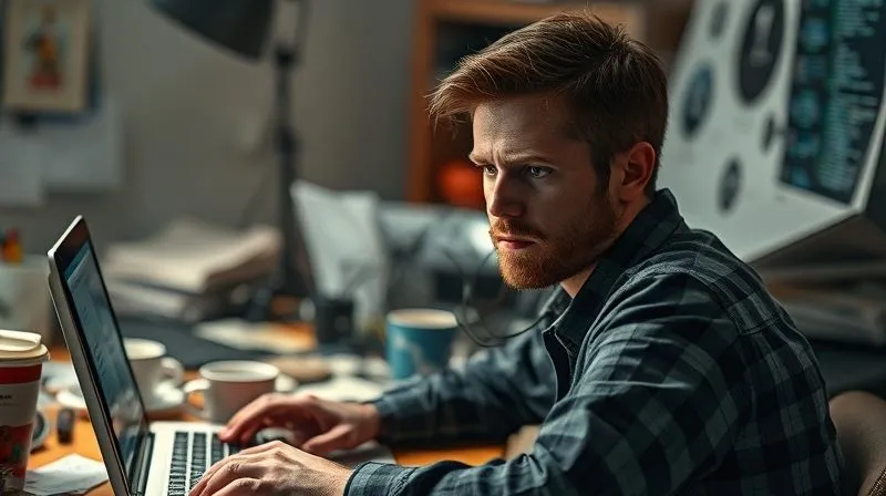 A photorealistic image of a digital nomad looking slightly frustrated at a complex, tangled web of digital wires and data streams on a laptop screen, representing over-engineered or faulty automation. The background is a messy desk with coffee cups and scattered notes. Cinematic lighting, sharp focus on the screen and the nomad's expression, depth of field blurring the background. The image conveys the challenge of complex automation and the need for simplicity. 8K hyper-detailed.
