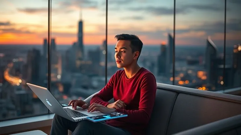 A photorealistic image of a futuristic digital nomad in a sleek, minimalist co-working space, calmly interacting with holographic interfaces and smart devices that manage tasks seamlessly. The nomad has a relaxed yet focused expression, surrounded by advanced technology that enhances, rather than hinders, their work. The background shows a vibrant, global city skyline at dusk. Cinematic lighting, sharp focus on the nomad and the glowing interfaces, 8K hyper-detailed, conveying a sense of effortless productivity and technological empowerment.