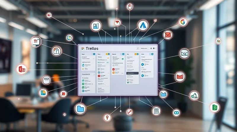 A photorealistic image of a complex digital workflow, with Trello boards at the center, connected by glowing lines to various app icons like Slack, Google Drive, and an email client. The connections are depicted as streams of data, illustrating seamless integration and automation. Cinematic lighting, sharp focus on the Trello board and connected apps, depth of field blurring a modern office background, 8K hyper-detailed, shot on a high-end DSLR.
