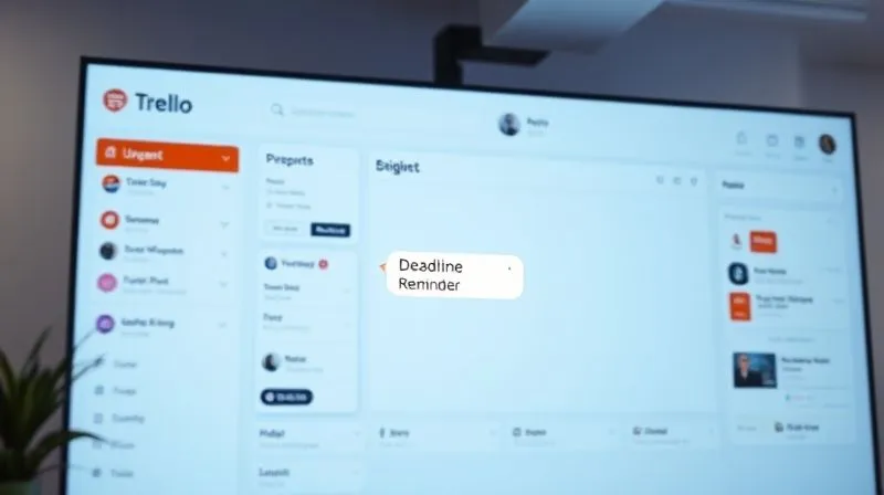 A photorealistic image of a vibrant Trello board on a large monitor, with a specific card highlighted and a small, glowing notification bubble indicating a 'Deadline Reminder'. The card has a red label for 'Urgent' and a due date approaching. The background is a clean, modern digital nomad workspace with soft, cinematic lighting, sharp focus on the Trello board, depth of field blurring the rest of the room, 8K hyper-detailed, shot on a high-end DSLR.