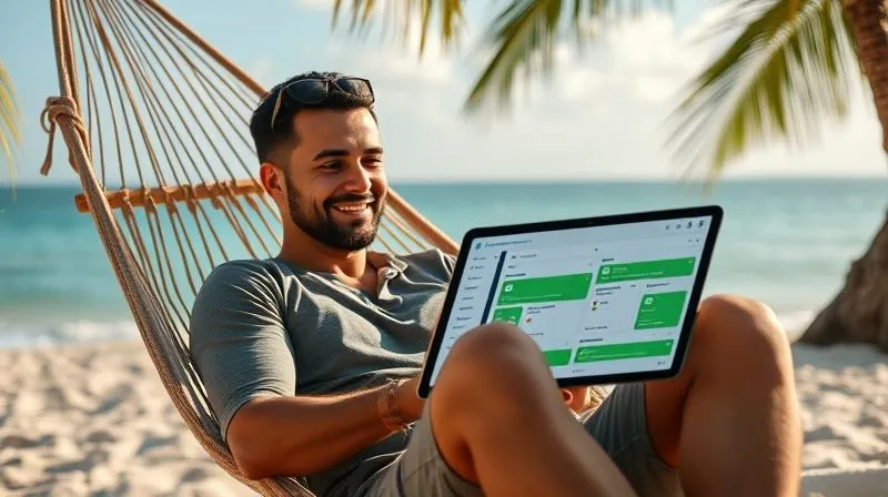 A photorealistic, professional photography image of a digital nomad sitting comfortably in a hammock on a beach, looking at a tablet with a clear, organized Trello dashboard. The screen displays various projects and client statuses, all green and in order. The nomad has a relaxed, content expression. Cinematic lighting, sharp focus on the tablet and the nomad's face, depth of field blurring the serene ocean and palm trees, 8K hyper-detailed, shot on a high-end DSLR.