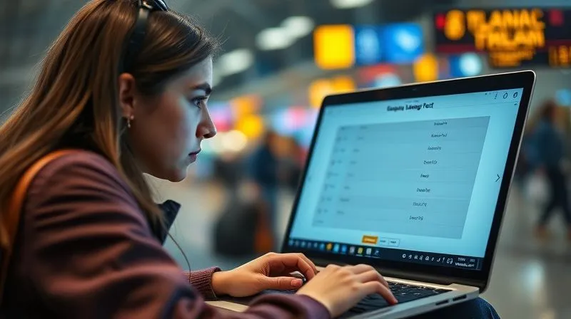 A photorealistic image of a young female digital nomad, looking frustrated at a laptop screen displaying complex language test registration forms, with a blurred background of a bustling airport or train station. Cinematic lighting, sharp focus on her face and laptop, depth of field, 8K hyper-detailed, shot on a high-end DSLR.