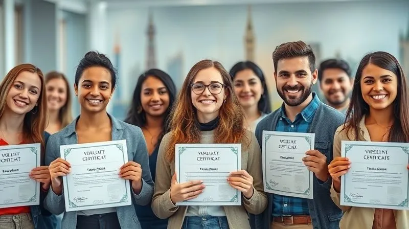 A photorealistic image of a diverse group of international individuals, each holding a different language proficiency certificate (e.g., TOEFL, DELE, Goethe-Zertifikat). They are smiling confidently, standing in front of a blurred background of international landmarks, symbolizing global opportunities. Cinematic lighting, sharp focus on the certificates and faces, depth of field, 8K hyper-detailed, shot on a high-end DSLR.