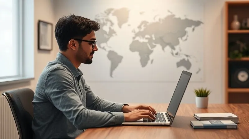 A photorealistic image of a digital nomad sitting calmly at a desk in a well-lit, quiet room, taking an online language proficiency test on a laptop. A world map is visible in the background, subtly indicating travel. The scene should convey focus and preparedness. Cinematic lighting, sharp focus on the nomad and screen, depth of field, 8K hyper-detailed, shot on a high-end DSLR.