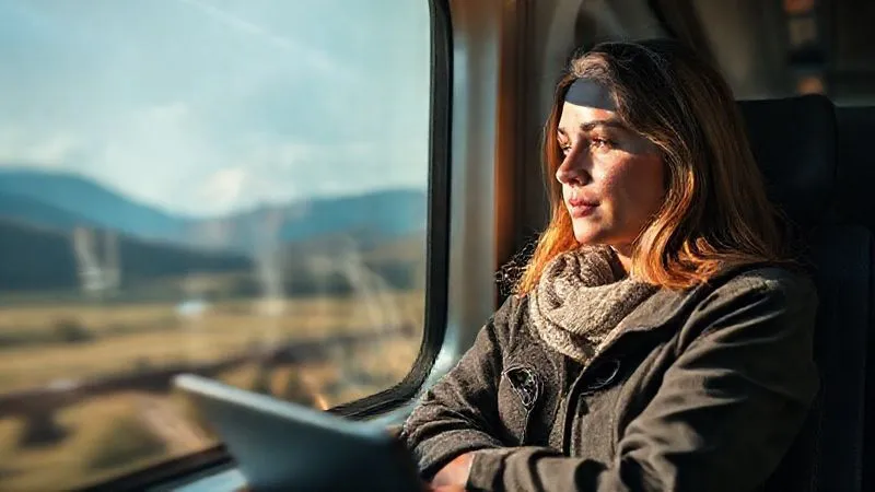 A photorealistic image of a digital nomad looking out of a train window at a beautiful landscape, a laptop gently closed beside her, a look of thoughtful contemplation and peace on her face, symbolizing acceptance of the journey's pace. Professional photography, 8K, cinematic lighting, sharp focus on the nomad's face, depth of field blurring the passing scenery, shot on a high-end DSLR.