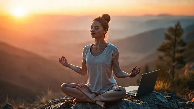 A photorealistic image of a digital nomad meditating peacefully at sunrise on a mountaintop overlooking a valley, laptop closed beside her, hands in mudra position, serene expression. Professional photography, 8K, cinematic lighting, sharp focus on the nomad, depth of field blurring the distant landscape, shot on a high-end DSLR.
