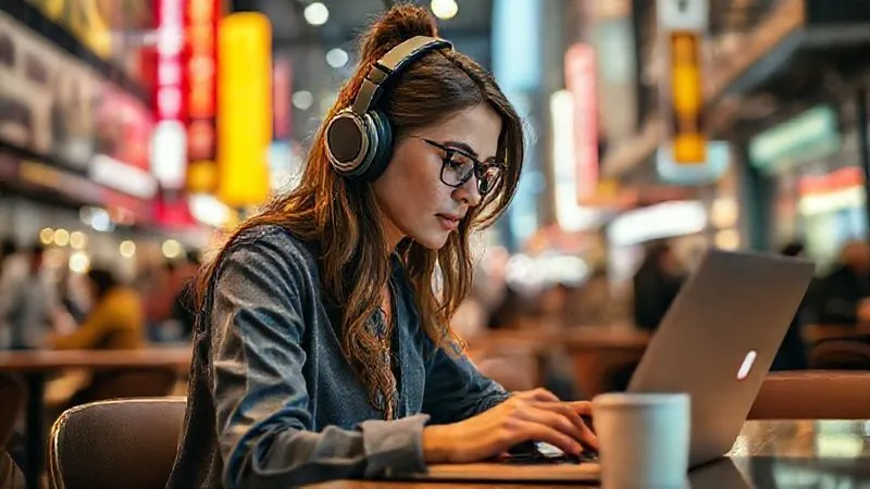 A photorealistic image of a digital nomad focused on her laptop in a bustling co-working space in a vibrant city, wearing noise-canceling headphones, a cup of coffee beside her, a feeling of calm concentration amidst the activity. Professional photography, 8K, cinematic lighting, sharp focus on the nomad's face and screen, depth of field blurring the background, shot on a high-end DSLR.