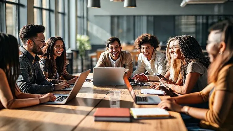 A photorealistic image of a diverse group of digital nomads, smiling and engaged in conversation around a large table in a modern, sunlit co-working space, some with laptops open, others with notebooks, fostering a sense of community and shared learning. Professional photography, 8K, cinematic lighting, sharp focus on the faces, depth of field blurring the background, shot on a high-end DSLR.