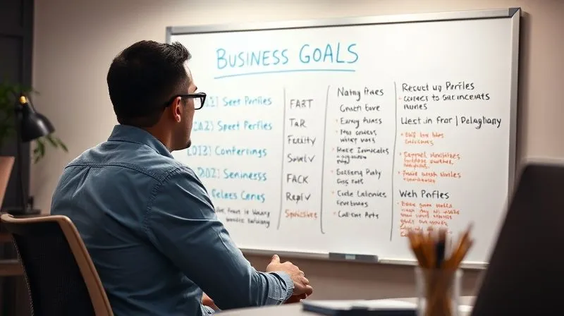 A photorealistic image of a person sitting in front of a whiteboard filled with clear, concise business goals and mentor profiles, using colorful markers. The person is thoughtfully looking at the board, surrounded by a minimalist, modern workspace. Professional photography, 8K, cinematic lighting, sharp focus on the whiteboard, depth of field blurring the background. Emphasize clarity and strategic planning.