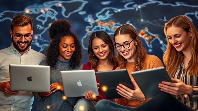 A photorealistic image of a diverse group of digital nomads from different parts of the world, connected through a vibrant, glowing network of lines and dots, symbolizing online communities and virtual events. Each person is engaged with a laptop or tablet, smiling and interacting. Professional photography, 8K, cinematic lighting, sharp focus on the individuals and the network, depth of field blurring a global map background. Emphasize global connection and active participation.