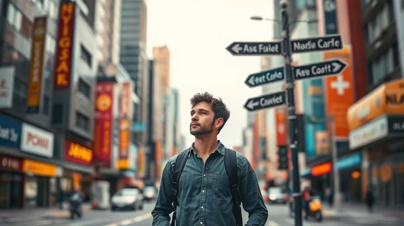 A photorealistic image of a person standing at a complex crossroads in a bustling, abstract city, looking at multiple street signs pointing in different directions. The person has a thoughtful but determined expression, symbolizing navigating uncertainty. Cinematic lighting, sharp focus on the person, depth of field blurring the background. 8K hyper-detailed, professional photography, shot on a high-end DSLR.