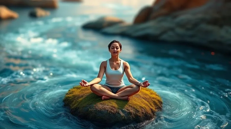 A photorealistic image of a person sitting in a lotus position, eyes closed, on a small, calm island amidst a swirling, abstract river of light and colors representing the chaos of travel and uncertainty. The person emanates tranquility, sharp focus on the individual, depth of field blurring the dynamic background. Cinematic lighting, 8K hyper-detailed, professional photography, shot on a high-end DSLR.