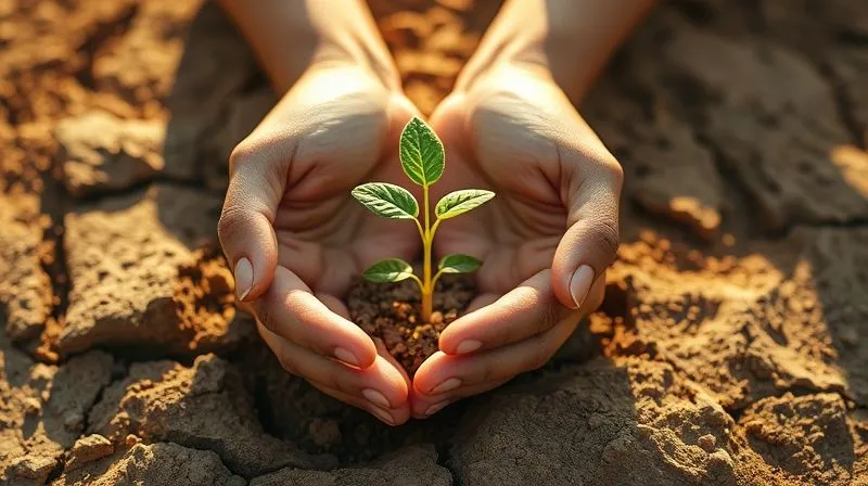 A photorealistic image of hands gently holding a small, vibrant green plant sprouting from a crack in dry, textured earth, bathed in warm, cinematic sunlight. This symbolizes resilience, growth, and finding beauty and life amidst challenging conditions. Sharp focus on the plant and hands, depth of field blurring the background. 8K hyper-detailed, professional photography, shot on a high-end DSLR.