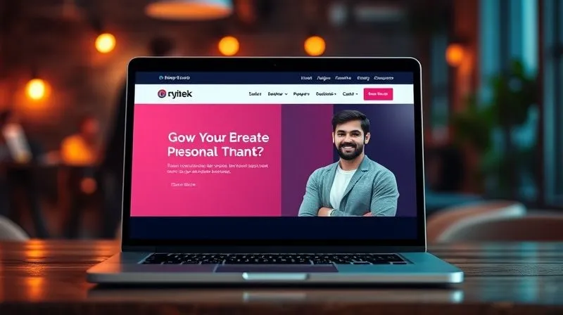 A photorealistic, professional photography of a sleek, modern personal brand website displayed on a laptop, with a consistent color palette and a professional headshot of a confident digital nomad. The background shows a blurred, vibrant co-working space, cinematic lighting, sharp focus on the laptop screen, depth of field, 8K hyper-detailed.