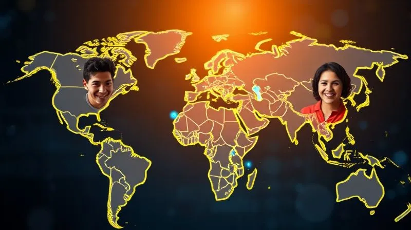 A photorealistic image of diverse individuals from different continents (Europe, Asia, Americas) connecting through glowing digital lines on a world map. Each person is smiling, representing successful online networking. Professional photography, 8K, cinematic lighting, sharp focus on the people and digital connections, depth of field blurring the map, shot on a high-end DSLR.
