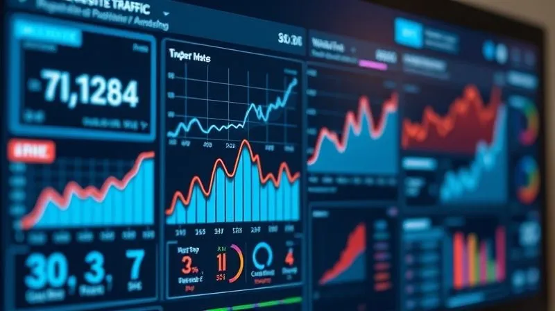 A photorealistic, professional photography of a digital dashboard displaying various marketing metrics like engagement rates, website traffic, and conversion rates, with upward-trending graphs. The screen is sharp and clear, with cinematic lighting, sharp focus on the data, depth of field, 8K hyper-detailed.