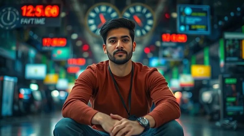 A photorealistic image of a digital nomad sitting calmly amidst a chaotic, blurred background of shifting time zones and digital notifications, symbolizing overcoming challenges. The nomad has a focused, determined expression. Professional photography, 8K, cinematic lighting, sharp focus on the individual, depth of field, shot on a high-end DSLR.