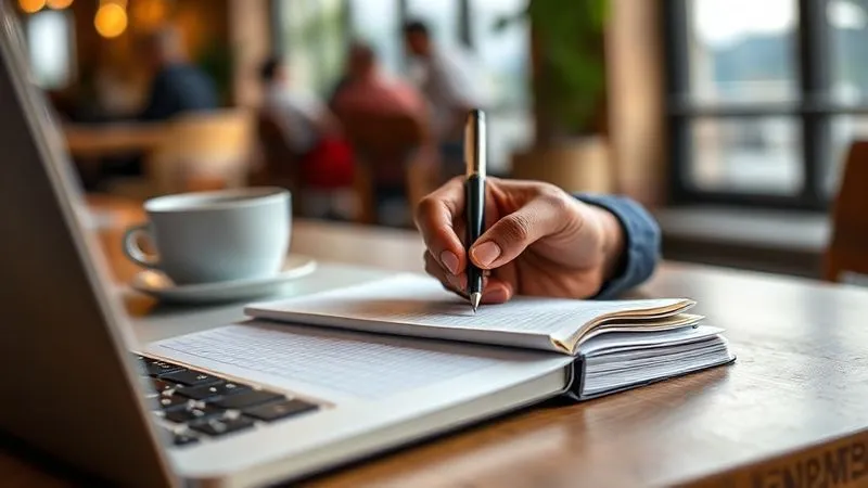A photorealistic close-up of a digital nomad's hand (diverse ethnicity, 30s) writing notes intently in a sleek notebook, surrounded by a laptop and a cup of coffee, with a blurred background of a vibrant co-working space or a scenic outdoor setting, capturing the focus and immediacy of planning after a workshop. Cinematic lighting, sharp focus, depth of field. 8K hyper-detailed, professional photography, shot on a high-end DSLR.