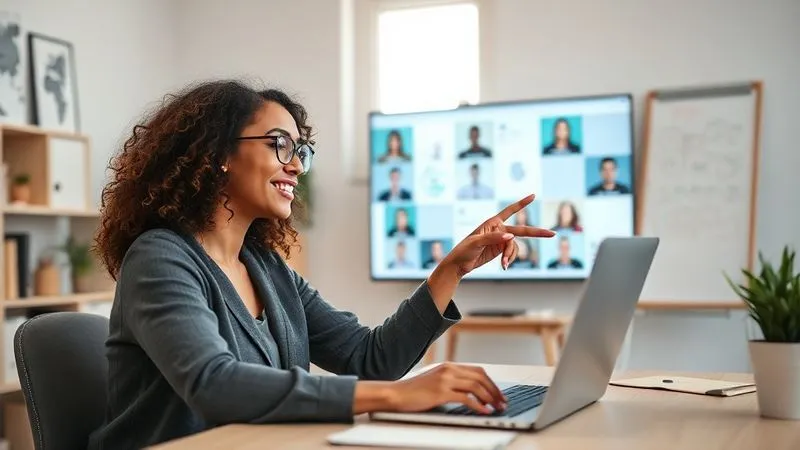A photorealistic, inspiring image of a diverse digital nomad (female, 30s) confidently leading a small online workshop from a bright, minimalist home office setup, engaging with participants on a large screen. She is animated, pointing to a concept on her screen, with a laptop and a whiteboard in the background displaying key ideas. The lighting is soft and inviting, highlighting her expertise and connection with her audience. Cinematic lighting, sharp focus on the nomad, depth of field. 8K hyper-detailed, professional photography, shot on a high-end DSLR.