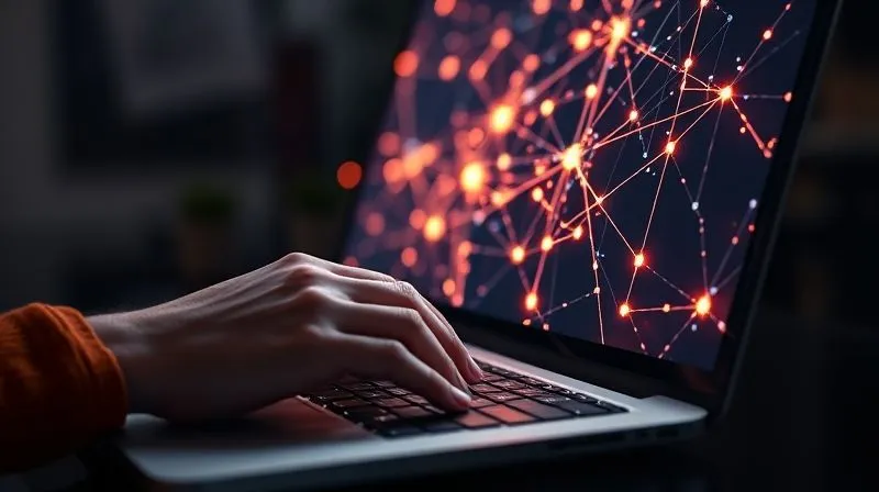 Photorealistic image of a person's hand typing on a laptop keyboard, with a glowing, intricate network of lines and nodes emanating from the screen, symbolizing valuable contributions spreading across a digital community. Cinematic lighting, sharp focus, 8K hyper-detailed.