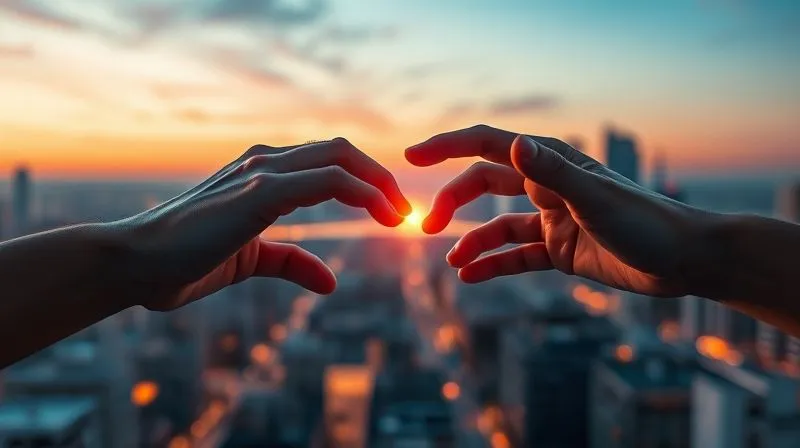 Photorealistic image of two hands reaching out and gently touching, with a subtle glowing bridge of light connecting them across a softly blurred digital cityscape at sunset, symbolizing digital connections becoming real relationships. Cinematic lighting, sharp focus, 8K hyper-detailed.