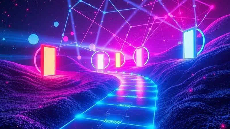 Photorealistic image of a path winding through a vibrant, futuristic digital landscape, with glowing nodes of connection leading to various open doors and opportunities (symbolizing job offers, collaborations, mentorship). Cinematic lighting, sharp focus, 8K hyper-detailed.