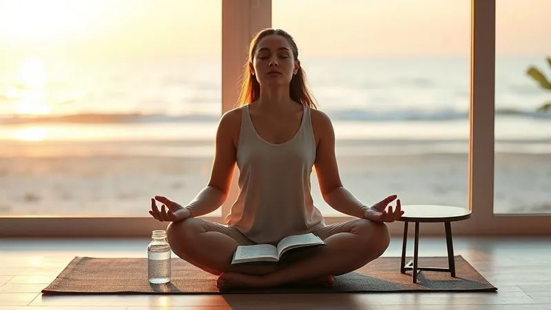 A photorealistic image of a serene digital nomad performing a morning ritual. They are sitting cross-legged on a yoga mat, eyes closed in meditation, with a glass of water beside them and a journal open on a small table. The background shows a soft, warm sunrise glow through a large window overlooking a calm beach. Cinematic lighting, sharp focus on the nomad, depth of field blurring the background. 8K hyper-detailed.