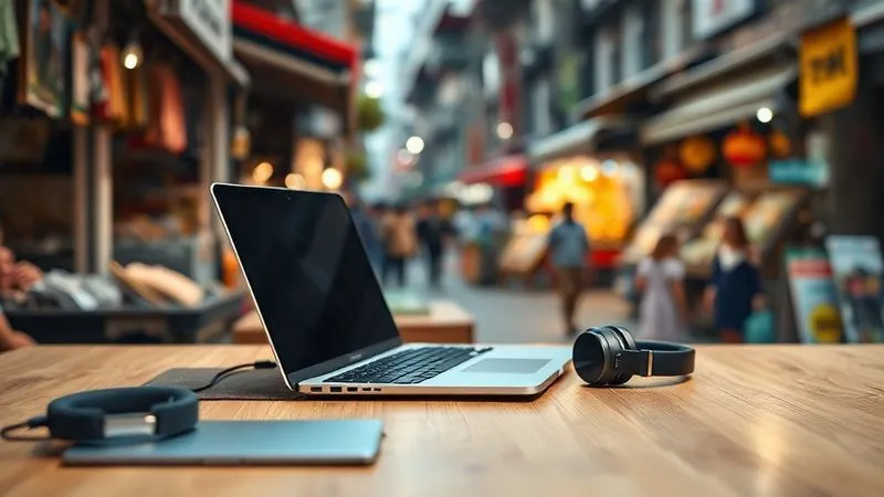 A photorealistic image of a digital nomad's organized workspace in a unique, inspiring location. A laptop is open on a clean, minimalist desk made of natural wood, with a pair of high-quality noise-cancelling headphones nearby. The background is slightly blurred but reveals a vibrant, bustling marketplace in a foreign city, symbolizing working anywhere. Cinematic lighting highlights the workspace, sharp focus, depth of field. 8K hyper-detailed.