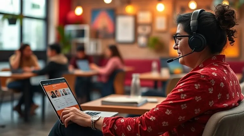 A photorealistic, professional photography, 8K, cinematic lighting, sharp focus, depth of field, shot on a high-end DSLR of a digital nomad sitting in a vibrant co-working space, wearing a headset, engaged in an online language lesson. In the background, other diverse nomads are working, and local cultural elements are subtly visible, symbolizing the blend of digital and physical immersion.