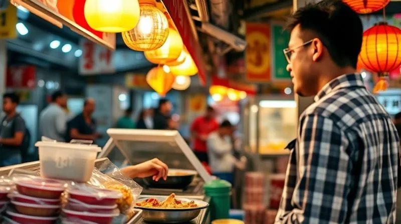 A photorealistic, professional photography, 8K, cinematic lighting, sharp focus, depth of field, shot on a high-end DSLR of a smiling digital nomad confidently ordering a local dish from a street food vendor in a vibrant Asian market. The vendor is patiently listening, and the scene is filled with authentic local details and colors.