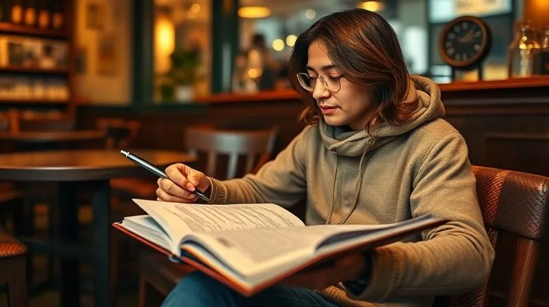 A photorealistic, professional photography, 8K, cinematic lighting, sharp focus, depth of field, shot on a high-end DSLR of a digital nomad sitting in a cozy cafe, thoughtfully looking at a language learning journal or an open textbook, with a pen in hand. The setting is warm and inviting, suggesting reflection and strategic planning amidst a journey.