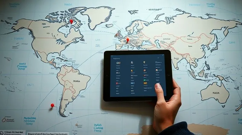 A photorealistic, professional photography, 8K, cinematic lighting, sharp focus, depth of field, shot on a high-end DSLR of a world map with various pins and strings connecting different cities, symbolizing a nomad's journey. Overlayed on the map are subtle linguistic symbols and a modern tablet displaying a language learning app, representing the integration of travel and language acquisition.