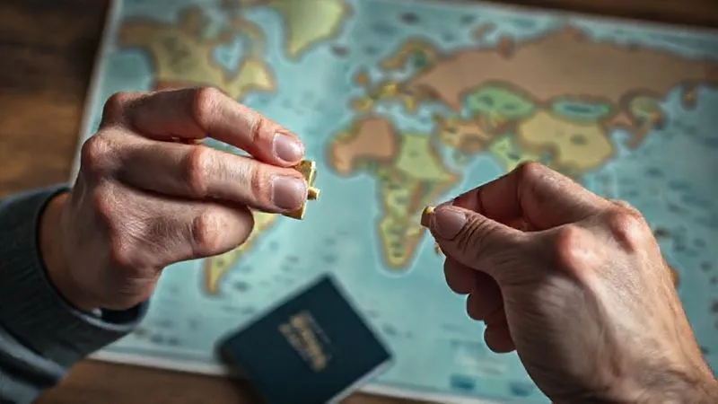 Photorealistic image of a person struggling to fit a square peg into a round hole, symbolizing a rigid budget failing a flexible nomad lifestyle. Cinematic lighting, sharp focus on the hands and shapes, blurred background of a passport and world map.