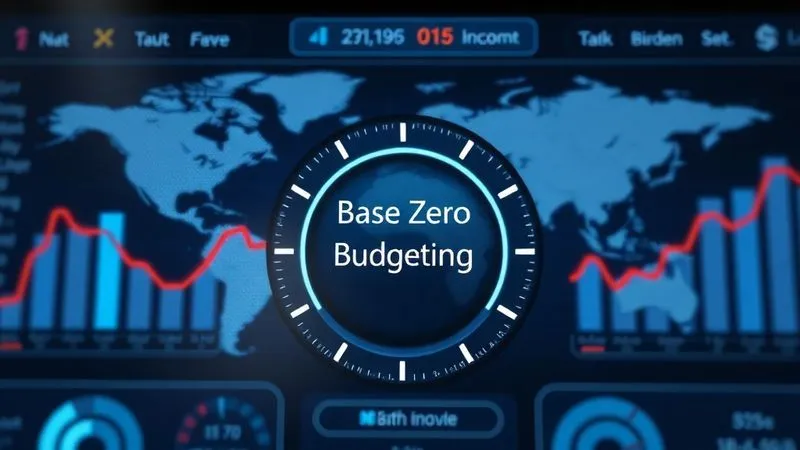 A photorealistic image of a financial dashboard with a dial showing "Base Zero Budgeting" in focus, surrounded by blurred data points representing variable income and expenses. The dashboard has a clean, modern UI, with a world map faintly visible in the background. Cinematic lighting, 8K.