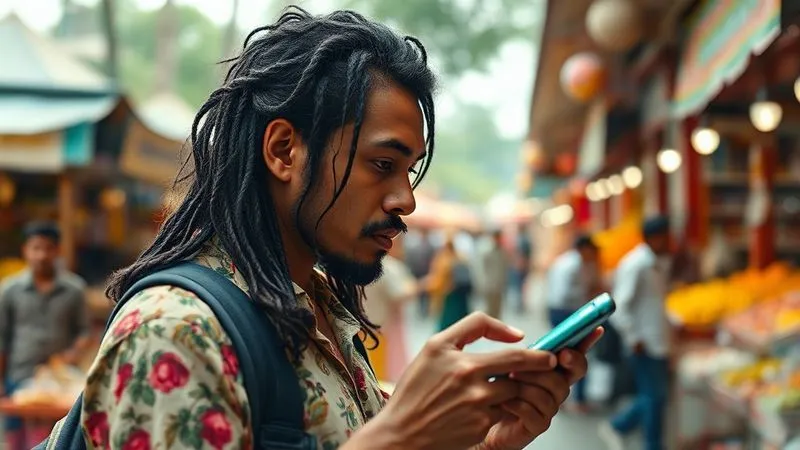 Photorealistic image of a digital nomad thoughtfully comparing prices on a phone screen, with a blurred background showing bustling local market stalls and a scenic travel destination. Cinematic lighting, sharp focus on the phone, 8K, professional photography.