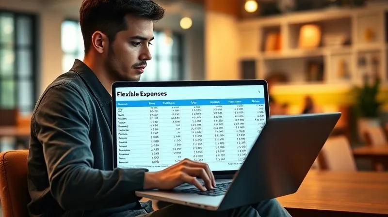Photorealistic, professional photography, 8K, cinematic lighting, sharp focus, depth of field, shot on a high-end DSLR. A digital nomad, a young man, meticulously reviewing a financial spreadsheet on a laptop in a vibrant co-working space in Southeast Asia. The screen displays clear categories for 'Fixed Expenses' and 'Flexible Expenses' with corresponding numbers. He looks focused and in control, surrounded by a subtle, bustling environment.