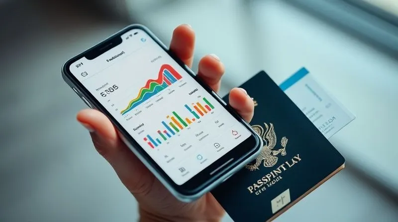 Photorealistic, professional photography, 8K, cinematic lighting, sharp focus, depth of field, shot on a high-end DSLR. A close-up of a smartphone screen displaying a financial budgeting app with colorful charts and graphs showing savings growth. In the background, subtly blurred, a hand holds a passport and a boarding pass, symbolizing the integration of financial management with a nomadic lifestyle.