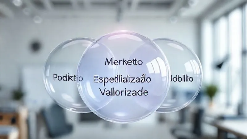 A photorealistic, professional photography, 8K, cinematic lighting image of three overlapping translucent spheres, each labeled with a keyword: 'Paixão' (Passion), 'Mercado' (Market), and 'Habilidade' (Skill). The central overlapping area, brightly illuminated, is labeled 'Especialização Valorizada'. The spheres are set against a soft, blurred background of a modern, clean workspace, with a sharp focus on the intersecting spheres, depth of field blurring the background, shot on a high-end DSLR.