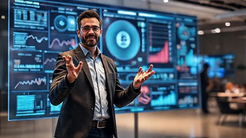 A photorealistic, professional photography, 8K, cinematic lighting image of a confident digital nomad, possibly a consultant or speaker, standing in front of a modern holographic display showing intricate data visualizations and a strong personal brand logo. The nomad is gesturing towards the data with a clear sense of authority and expertise, engaging with an unseen audience. The background is a sleek, minimalist co-working space or a conference hall, with sharp focus on the nomad and the display, depth of field blurring the background, shot on a high-end DSLR.