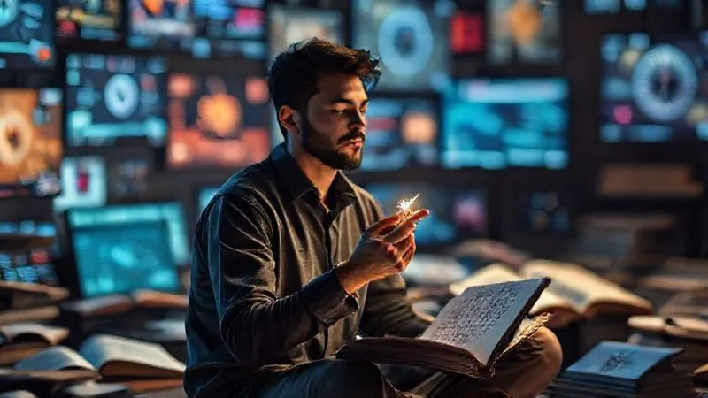 A photorealistic, professional photography, 8K, cinematic lighting image of a digital nomad sitting calmly, almost meditatively, amidst a blurred background of various digital screens and open books, symbolizing overwhelming choices. The nomad holds a single, glowing compass in their hand, pointing clearly in one direction, representing focus and clarity amidst the chaos. Sharp focus on the nomad and the compass, depth of field blurring the background. Shot on a high-end DSLR.