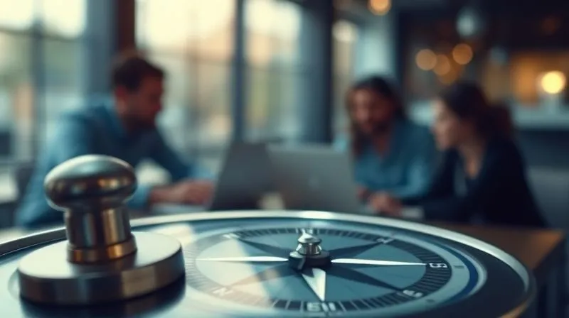 A photorealistic image of a compass pointing to "RESULTS" with a blurred background of a remote team working, cinematic lighting, sharp focus on the compass, 8K hyper-detailed, shot on a high-end DSLR.