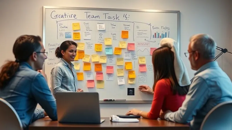A photorealistic image of a diverse group of remote team members collaborating around a virtual whiteboard filled with sticky notes, charts, and digital tasks, showing clear communication and alignment. Cinematic lighting, sharp focus on the team, depth of field, 8K hyper-detailed, shot on a high-end DSLR.