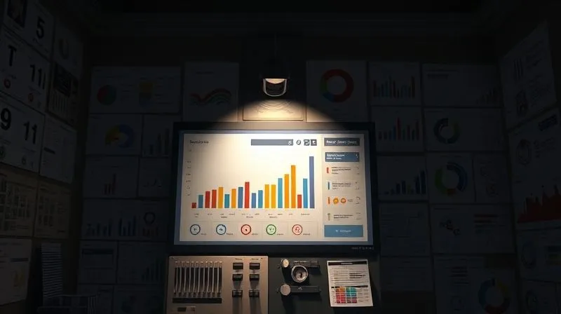 A photorealistic image of a single, focused spotlight illuminating a clear, simple dashboard with 3-5 key performance indicators, while the rest of the room is dimly lit and cluttered with many irrelevant charts, symbolizing the importance of focus. Cinematic lighting, sharp focus on the spotlighted dashboard, 8K hyper-detailed, shot on a high-end DSLR.