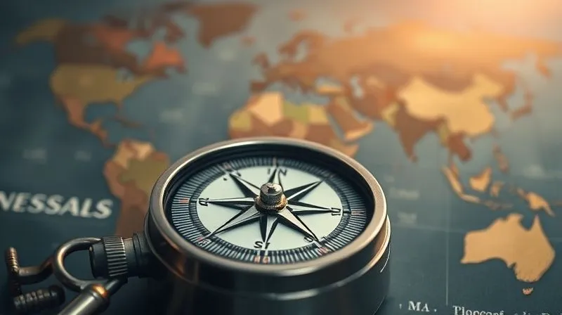 A photorealistic image of a compass pointing North, with a blurred map of the world in the background, symbolizing direction and purpose amidst global travel. The compass is sharp and metallic, with cinematic lighting and deep shadows. 8K hyper-detailed, professional photography, shot on a high-end DSLR, depth of field.