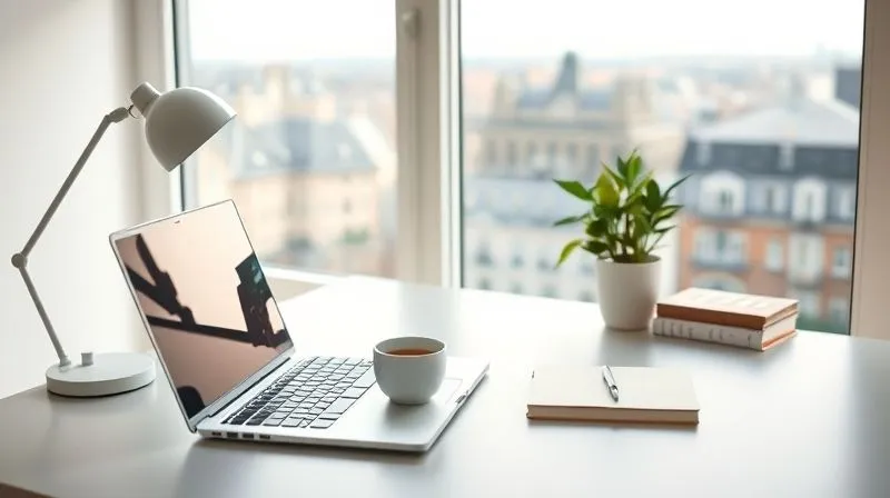 A photorealistic image of a minimalist, organized digital nomad desk setup in a bright, modern apartment overlooking a European city. Laptop open, a single cup of coffee, a small plant, and a notebook. The focus is on the clean, productive workspace, with soft, natural light. 8K hyper-detailed, professional photography, shot on a high-end DSLR, depth of field.