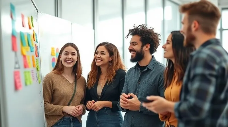 A photorealistic image of a group of diverse digital nomads collaborating and laughing in a modern, sunlit co-working space. They are looking at a whiteboard with colorful sticky notes and diagrams, showing teamwork and shared goals. Cinematic lighting, sharp focus on their engaged faces, depth of field blurring the background. 8K hyper-detailed, professional photography, shot on a high-end DSLR.