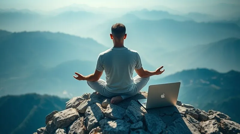 A photorealistic image of a person meditating on a mountain peak, with a laptop beside them, representing mental clarity and strategic thinking amidst freedom. Cinematic lighting, 8K, sharp focus, professional photography, depth of field, shot on a high-end DSLR.