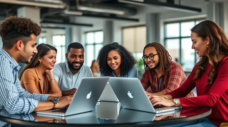 A photorealistic image of a diverse group of digital nomads collaborating on laptops in a modern co-working space, bathed in natural light, showcasing global connection and professional networking. 8K, sharp focus, depth of field, professional photography, shot on a high-end DSLR.