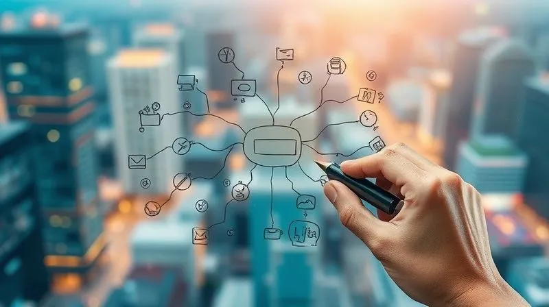 A photorealistic image of a hand sketching a complex mind map on a transparent screen, overlaid with a blurred background of a dynamic, futuristic city, symbolizing innovation and constant adaptation for a digital nomad. 8K, sharp focus, professional photography, depth of field, shot on a high-end DSLR.