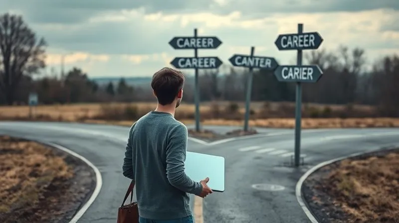 A photorealistic image of a person at a crossroads, looking at multiple signs pointing to different career paths, with a laptop in hand, cinematic lighting, sharp focus.